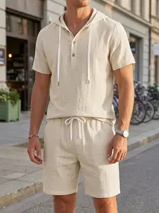 Men’s hooded short-sleeve shorts set — summer casual breathable two-piece outfit, European/American style, loose fit, plus size, sportswear loungewear