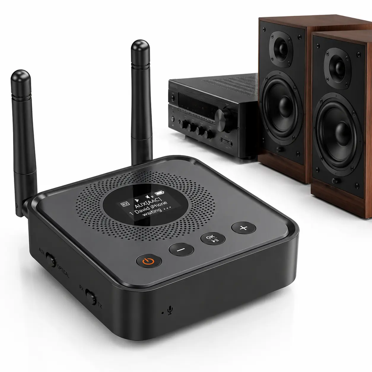 Bluetooth Audio Adapter for Classic Speakers & Amplifiers, HiFi Wireless Audio Receiver & TV Transmitter with aptX HD Adaptive Low Latency, Optical/RCA/AUX Inputs, OLED Display