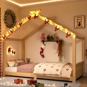 【Bellemave】Twin/Full /Queen House Floor Bed with Support Slats, Solid Wood House Bed Frame for Kids, No Box Spring Needed and Opening Constructure Bedroom Furniture Headboard