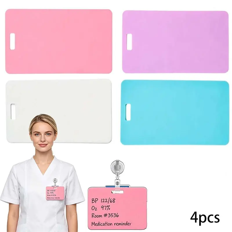 4pcs Erasable Badge Note, Erasable Badge Sticky Notes, Reusable Silicone Badge Notepad, Ballpoint Pen Write & Alcohol Erasure, Dual-Side Writable, Fade-Proof & No Blur, Convenience, Office Supplies