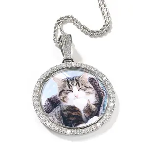 Zircon Rotatable XL Double-Sided Customized Photo Pendant Necklace Punk Style Copper Chain Hip Hop Memory Jewelry