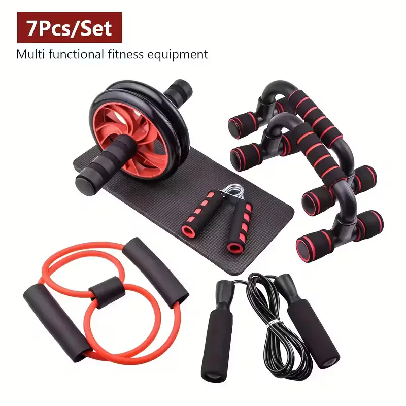 Ab Workout 7pc Set - Push-up Stand, Ab Wheel, Mini Mat, Resistance Band, Jump Rope, Hand Gripper for Men & Women Home Gym Fitness Enthusiasts