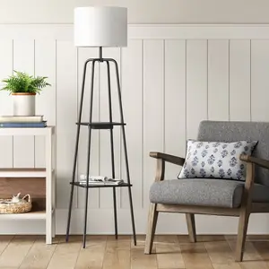 20" Etagere Power Source Shelf Floor Lamp Black Metal/Wood - Threshold: USB Port, Modern Design