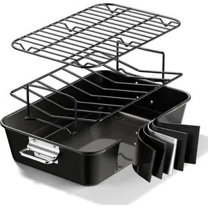 Turkey Roasting Pan with Rack Non stick Carbon Steel Roaster 16x11 Inch, Dishwasher Safe, Deep Baking Broiler Pan for Oven Chicken, Bacon, Black