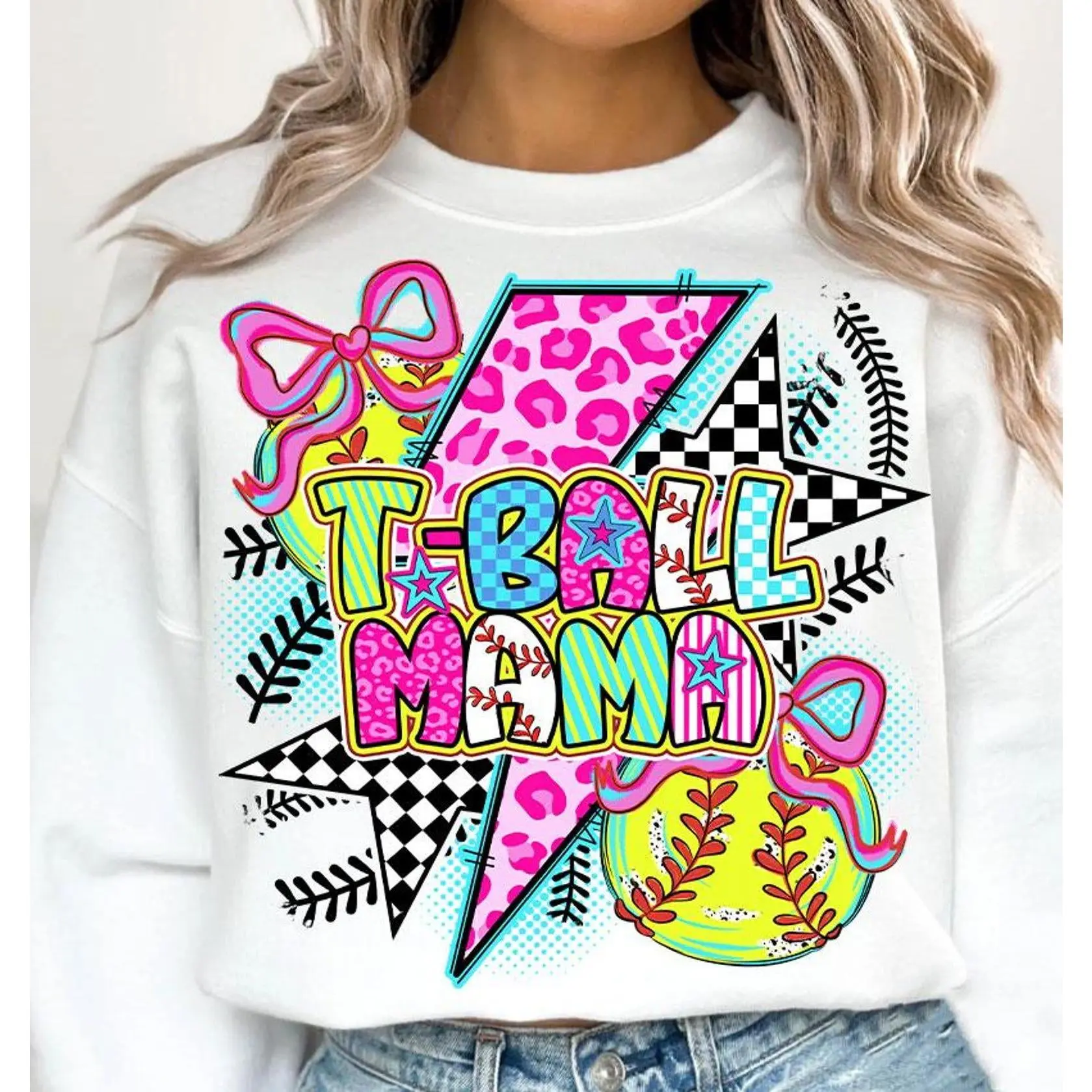 T-Ball Mama Game Day Coquette Brushstroke Softball Bow Comfort Colors Crewneck Shirt, Game Day Softball Raising Ballers Sport Mama Sweatshirt