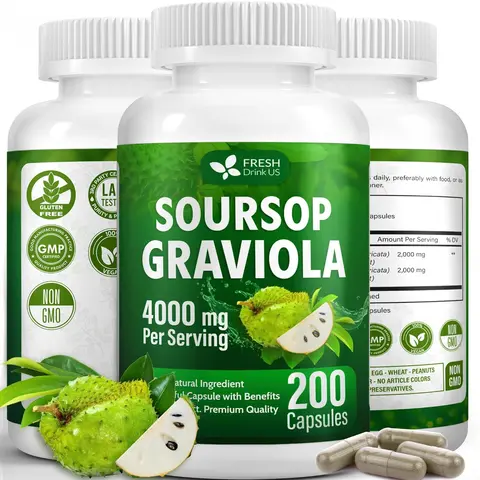 【FreshDrinkUS】 Premium 200 Soursop Capsules, 4000mg per Serving, 100 Days Supply – 100% from Natural Soursop Graviola Fruits and Leaves Extract, Vegan Capsules, Non-GMO, Gluten-Free. Edible Supplement #Clearance Sale