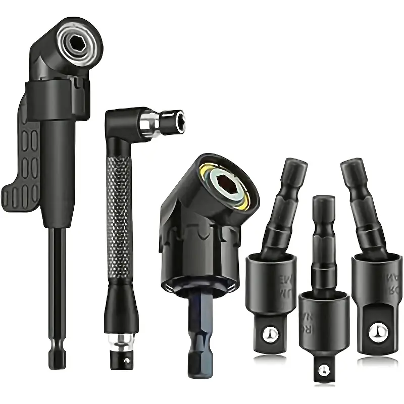 6pcs Right Angle Drill Attachment Set, Includes 3 360° Rotatable Socket Adapters, 2 Hex Shank Drill Adapters, 90° Bevel Drill Bits, Cordless Drill Tool Accessories, Cordless Power Drill, Drill Driver