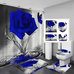 Blue Rose Butterfly Pattern Shower Curtain Set, Includes Hooks, Bath Mat, Toilet Lid Cover, U-Shaped Pad, Ideal Gift for Home Decor