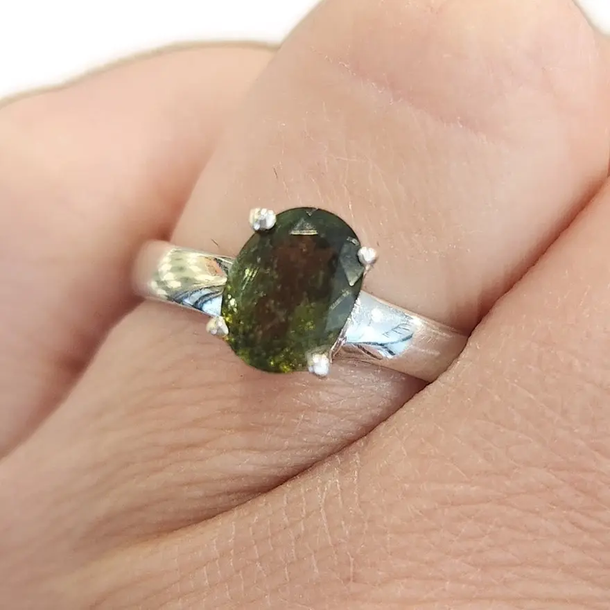 Sterling Silver Faceted Moldavite Ring for Women
