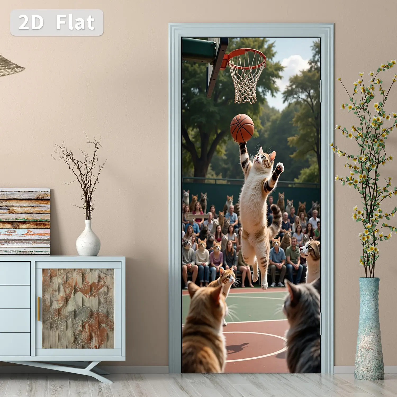 A set of two MT Cat Basketball Dunk Door Stickers | PVC Self-Adhesive Peel & Stick Decals | Waterproof Door Makeover Decor