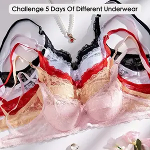 5Pcs Floral Lace Bra For Women Breathable Mesh Comfort Non-padded Full Coverage Plus Size Adjustable Straps Underwire Minimizer Bra Women Minimalist Basic Underwear Womenswear