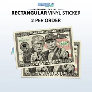 Trump and Elon rectangle vinyl sticker - 100 Dollar Bill Design Featuring Trump and Elon, Featuring Trump's Face and Elon's Hand