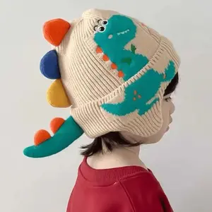 NewDinosaur Knit Beanie Hat for, White Acrylic Fabric, Holiday Themed Lightweight Stretch Cap for Ages 3-14, Windproof Ear Protection for New Year - Machine Washable