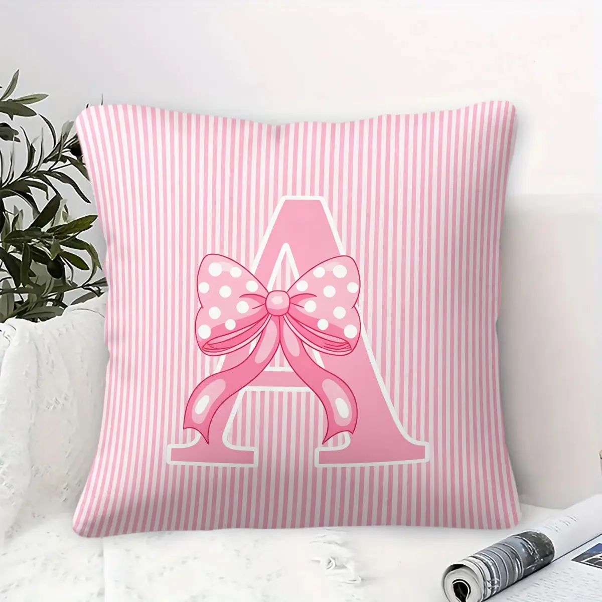 Pink Initial A-Z Polka Dot Bow Throw Pillow, Cute Princess Cushion Accent Pillow, Includes Pillow Core, Soft Comfortable Home Decor Pillows for Sofa Bedroom Dorm, Great Gift for Teen Girls Women