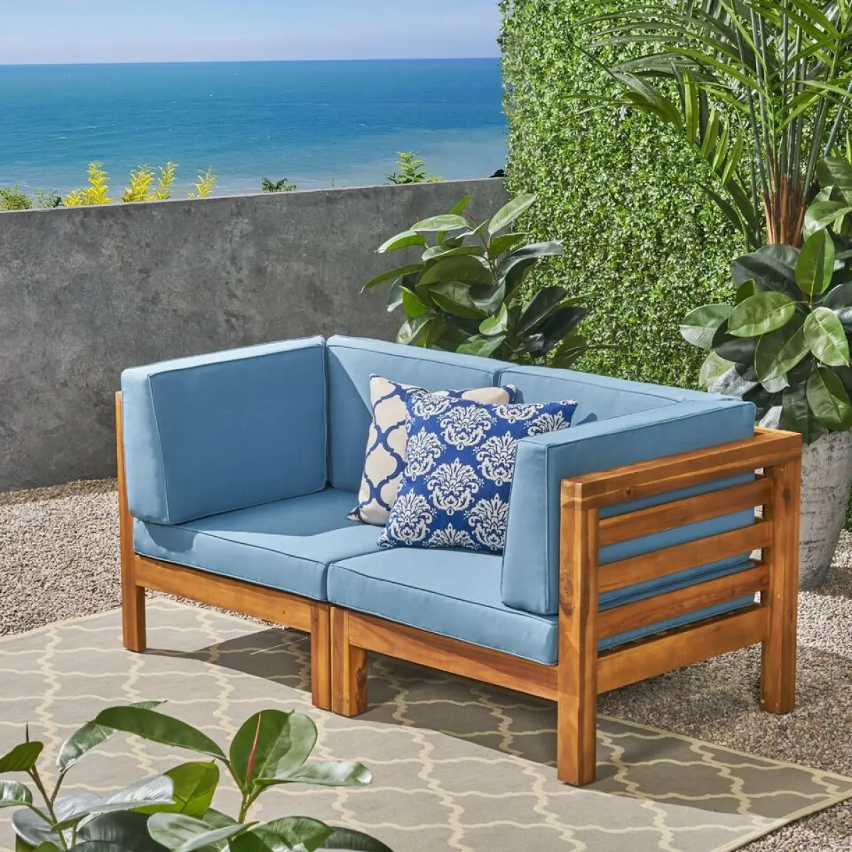 OANA Blue 2-Piece Mid-Century Sectional Love Seat Set - Modular Sectional Couch with Acacia Wood Frame, Left/Right Arm Options