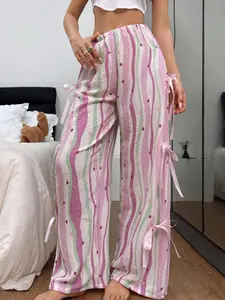 Women's Summer Plaid Sleep Pants, Loose-Fitting Home Joggers, All-Over Print Long Pants with Side Tie, Cute Style, All Seasons