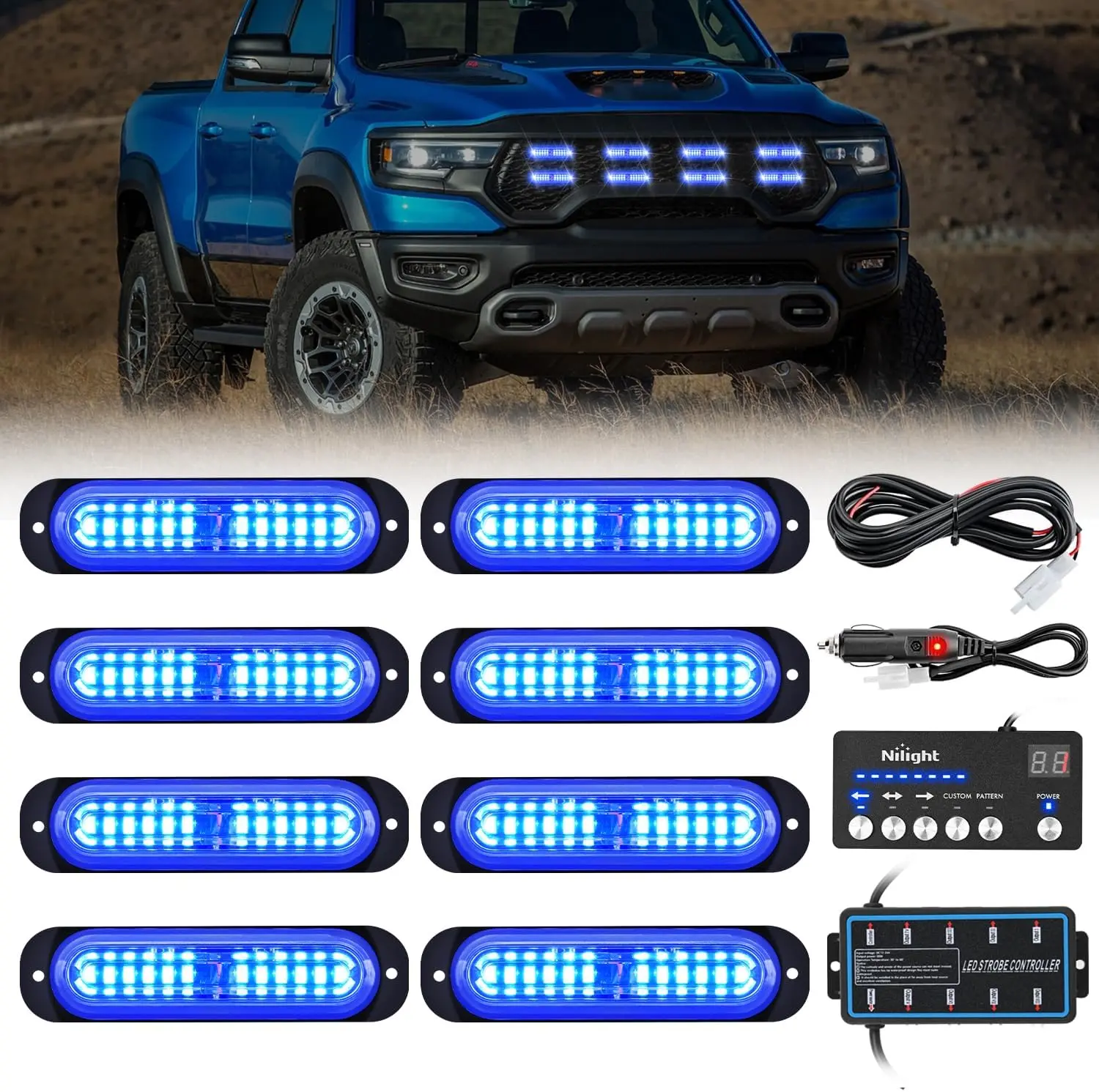 Nilight 8PCS Aluminum Surface Mount 8-LED Strobe Light Bar with 12-LED Chips, 12V-24V Sync Feature, Controller Included, Midnight Blue Vehicle Work Light for Trucks, Tractors, Led Light, Campers