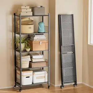 Folding Storage Shelves, Heavy Duty 5-Tier Metal Foldable Shelf Shelving Rack Organizer  Rolling Wheels in Kitchen Garage Apartment Pantry Basement No Assembly , 1100 LBS Capacity (Black, 5-Layer)