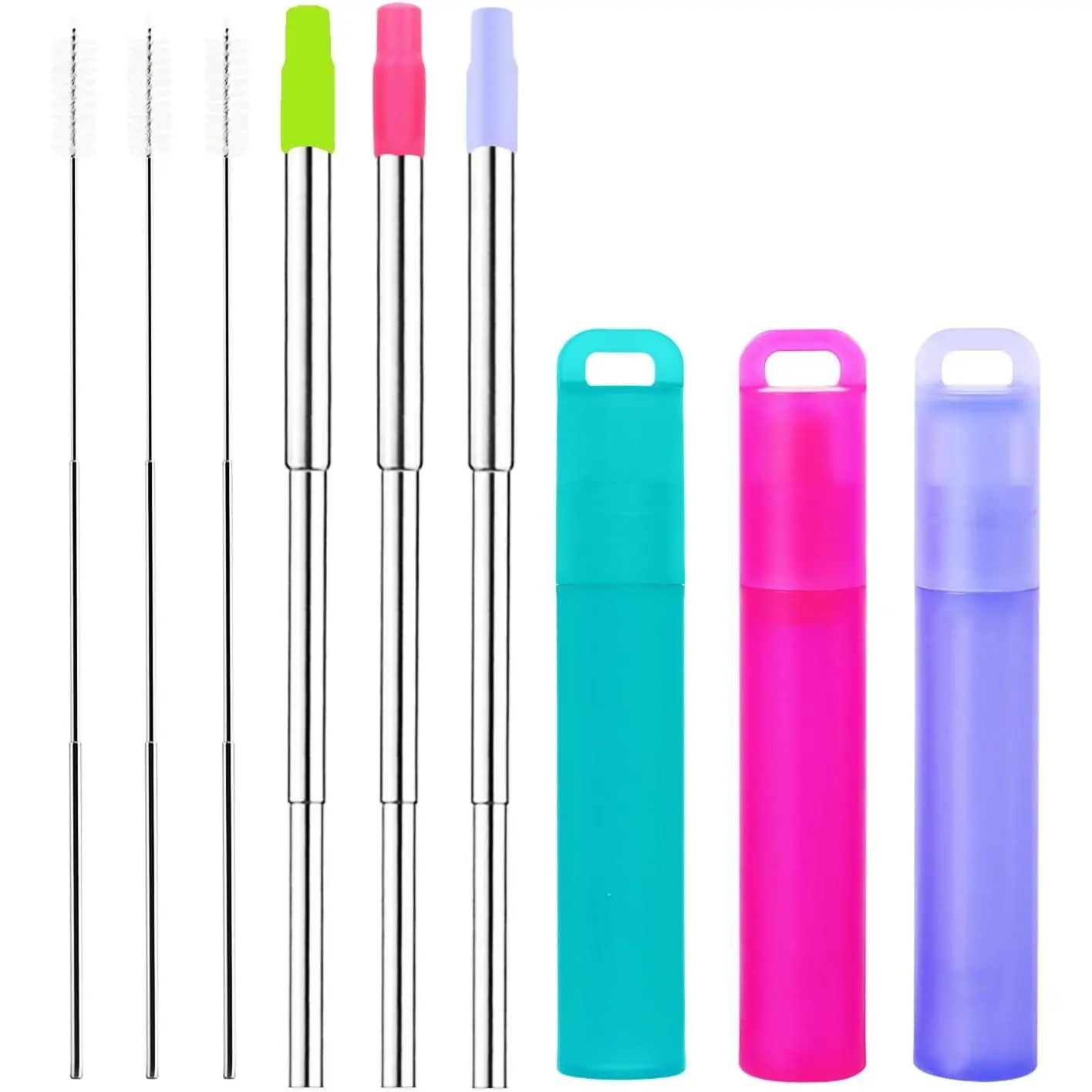 -Metal  Straws, 3 Pack Collapsible Portable Stainless Steel Straws, with Plastic Housing  Tips and Cleaning Brush, Retractable Portable Pocket Drinking Straws
