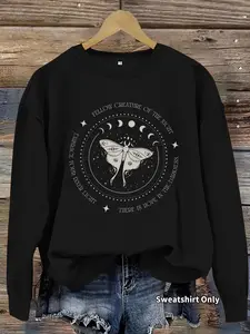 Women's Casual Fairy Gruen & Luna Moth Print Pullover Sweater, Soft Long Sleeve Round Neck Sweatshirt, All Seasons Wear