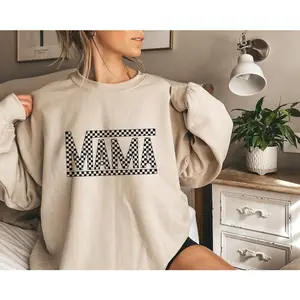 Embroidered Trendy Checkered Mama Sweatshirt,  Retro Mama Tshirt, Momlife Sweatshirt, Retro Mama Shirt, Mom Gift , Christmas Gift For Mom