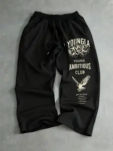 Black Baggy Sweatpants - Young Life Script Graphic Streetwear Casual Trendy Pants | Daily Urban Style Casual Sporty Trousers, Letter Print Sweatpants