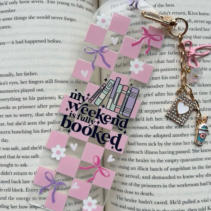 My Weekend Is Fully Booked Clear Acrylic Bookmark Pink Checkerboard Coquette Book Lover Bookmark with Heart Charm and Bow Design