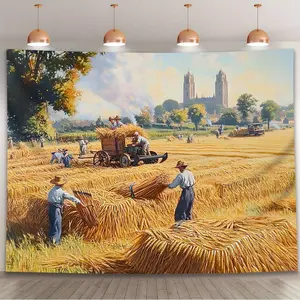 Harvest Time Fields Polyester Backdrop Banner - Durable Polyester Wheat Field Scene with Farmers, Tractor, Indoor/Outdoor Photo Booth, Birthday Party Decor
