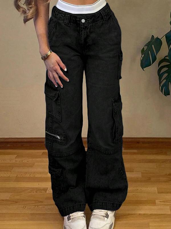 NVFelix Cargo Jeans Women Straight Leg Side Zipper Pockets Y2K Denim Pants