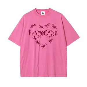 Unisex Oversize 100% Washed Cotton T-Shirt – Ants, Ladybugs, Heart Prints, Super Soft, Pre-Shrunk, Streetwear Top