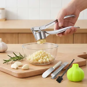 5PCS Stainless Steel Garlic Press Manually Crusher, Heavy-duty Garlic Press, Garlic Peeler, Skin Tweezers, Cleaning Brush, Mini Scraper, Handheld Ginger Kitchen Tools