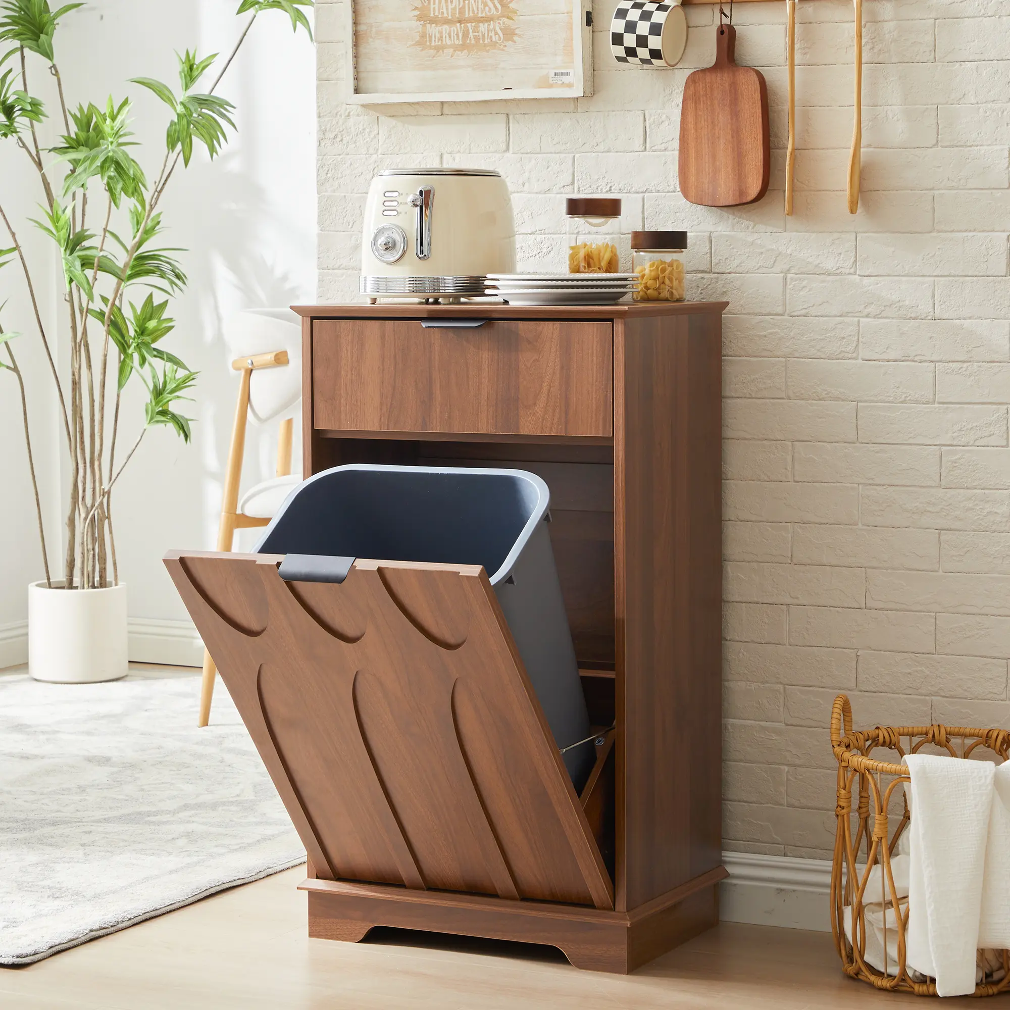 FurSch Tilt-Out Trash Cabinet with Storage Drawer, Hidden Wooden Trash Bin Cabinet for Kitchen, Freestanding Garbage Can Cabinet with Large Capacity for Laundry Room, Pantry & Living Room