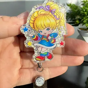 Vintage 80s Rainbow Cartoon Girl Interchangeable  Badge Reel, Retro Aesthetic, Teacher Badge reel, Nurse Badge Reel, coworker gift, glitter