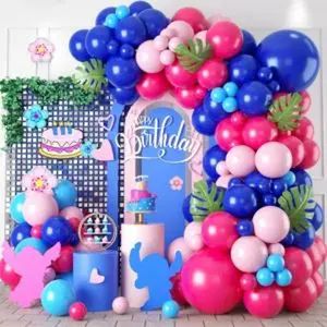 Blue balloon arch kitroyal light blue hot pink balloons with palm leaves for kids girl cartoon themed birthday party decorations baby shower graduation summer pool tropical party supplies