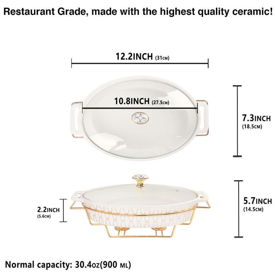 x 7 Ceramic Oval Casserole Dish with Glass Lid and Gold rack, 30 ounce Serving Soup Tureen,Chafing Dish for Buffet, Family Food