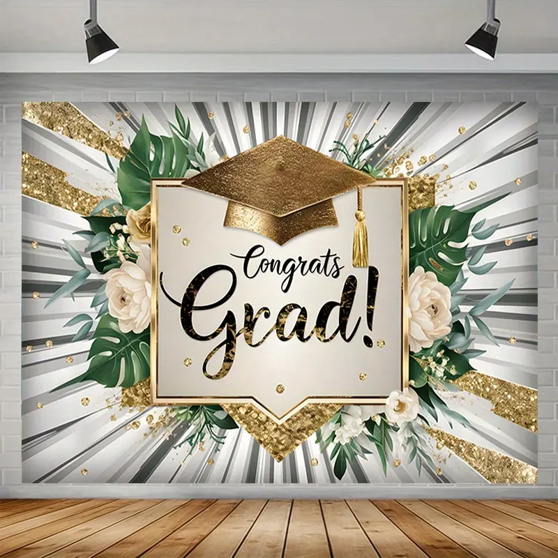 Graduation & Congrats Grad Backdrop – Golden Floral Starburst Tapestry, Wall Hanging, Photography Background, Polyester HD Print, Home, Room, Party, Celebration Decor