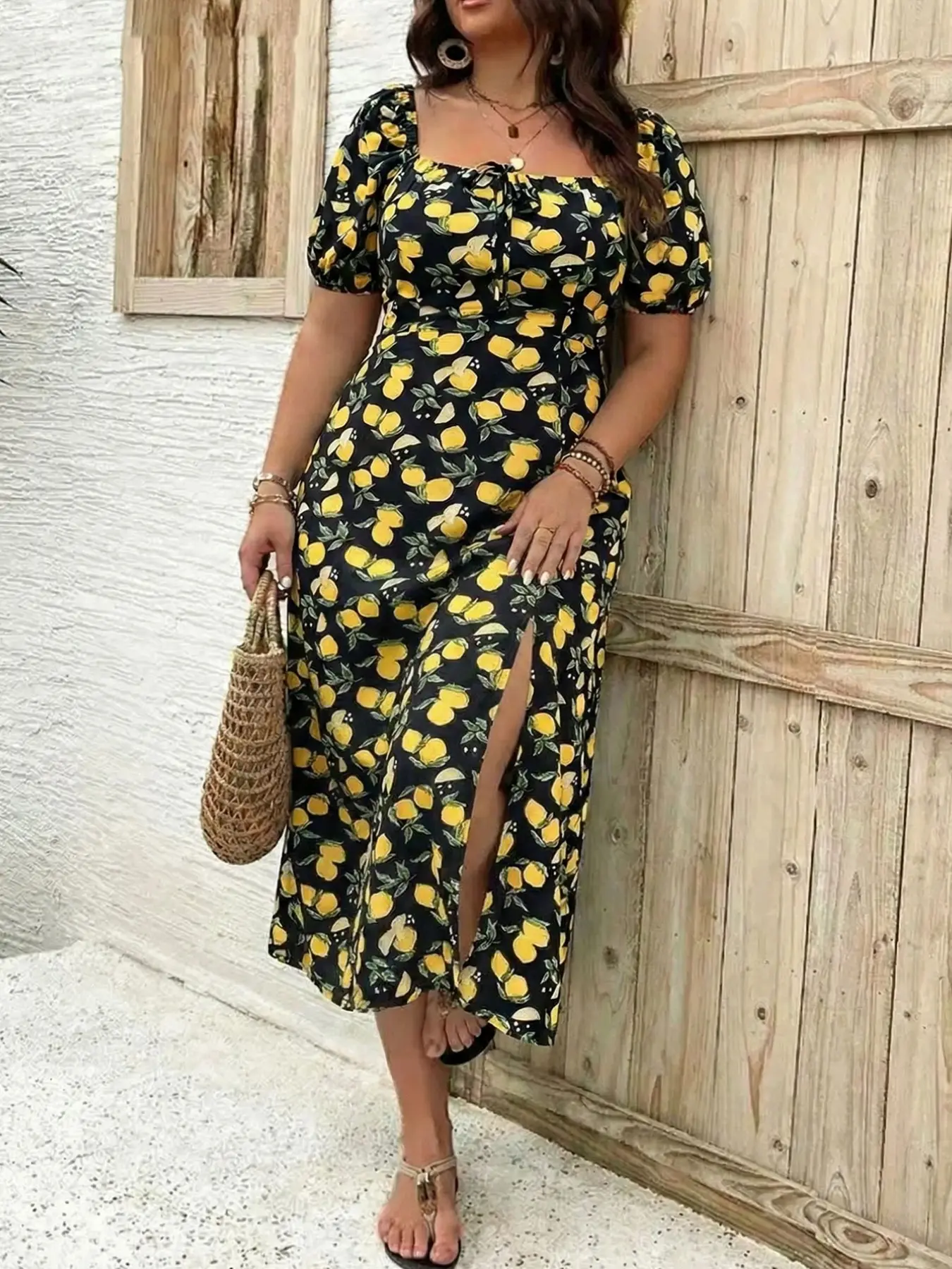 Plus Size Lemon Print Dress for Women Summer Square Neck Slit Midi Dress - TikTok Shop Plus Size Lemon Print Dress for Women Summer Square Neck Slit Midi Dress - TikTok Shop