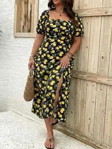 Plus Size Lemon Print Dress for Women – Summer Square Neck Slit Midi Dress