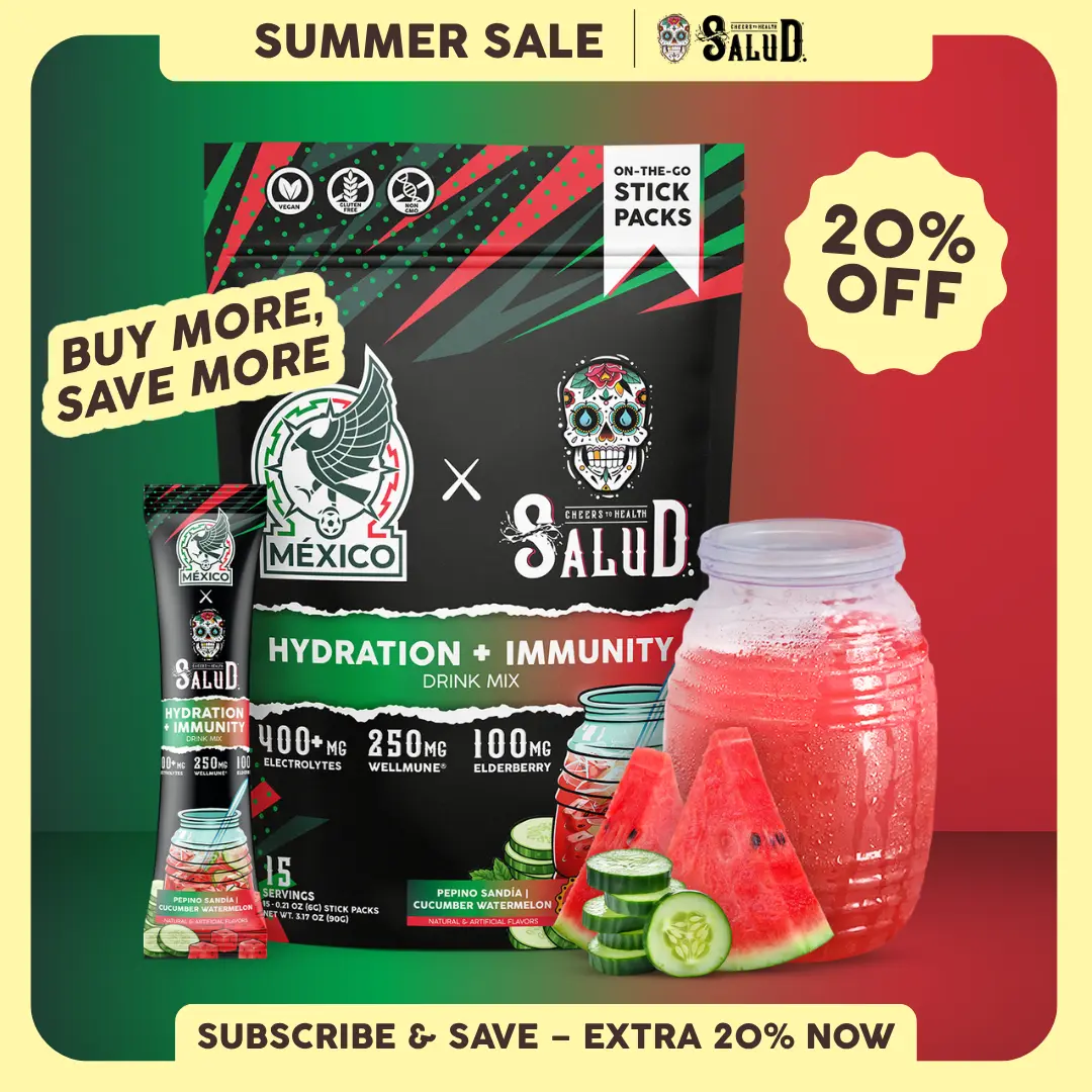 México x Salud 2-in-1 [Hydration + Immunity - Pepino Sandía | Cucumber Watermelon] Electrolytes Powder, Agua Fresca Drink Mix, Elderberry, Dairy & Soy Free, Non-GMO, Gluten Free, Vegan, Low Calorie, 1g Sugar (15 Servings)