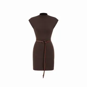 Cider Knit Stand Collar Straight Mini Dress With Belt