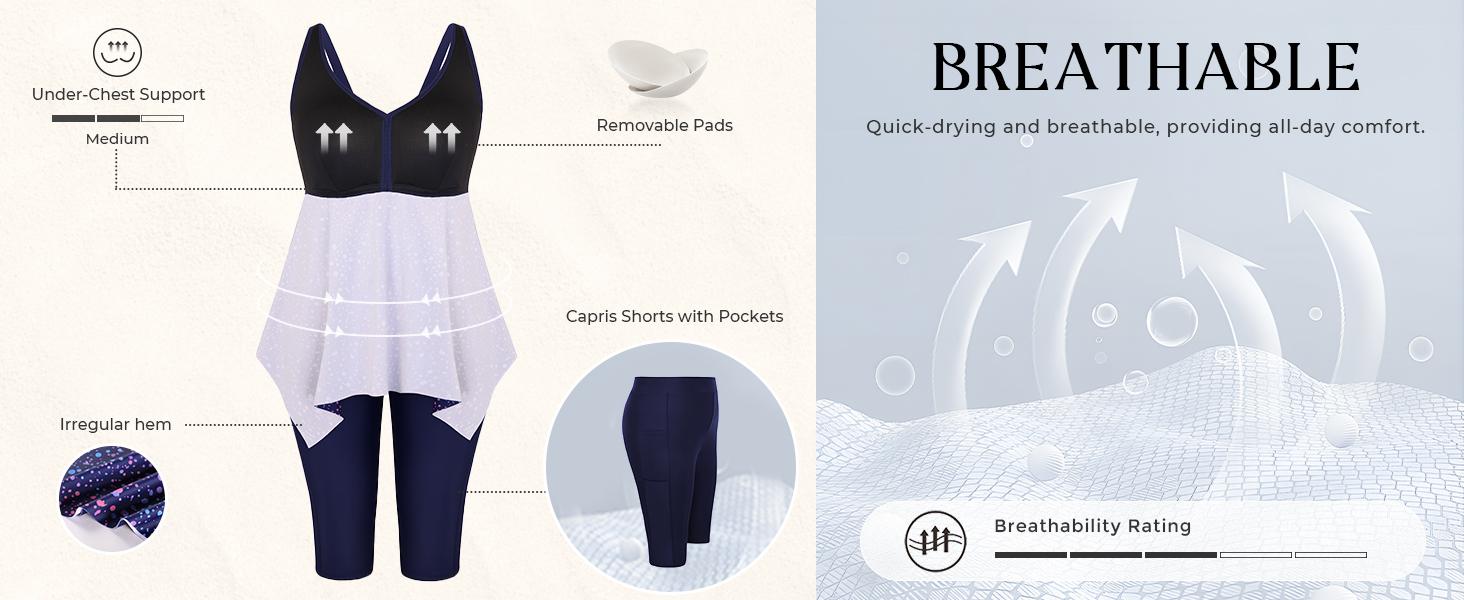 Hanna Nikole Women Plus Size Tankini Swimsuit 2 Piece Bathing Suits with Pockets Flowy Rash Guard Swimwear with Capris Shorts