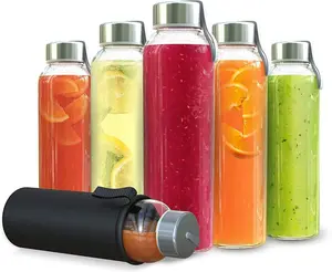 18 Oz Clear Glass Water Bottles, Reusable Glass Juicing Bottles with Protection Sleeve and Stainless Steel Leak Proof Lids, Set of 6 Chef's Star Glass Water Bottles