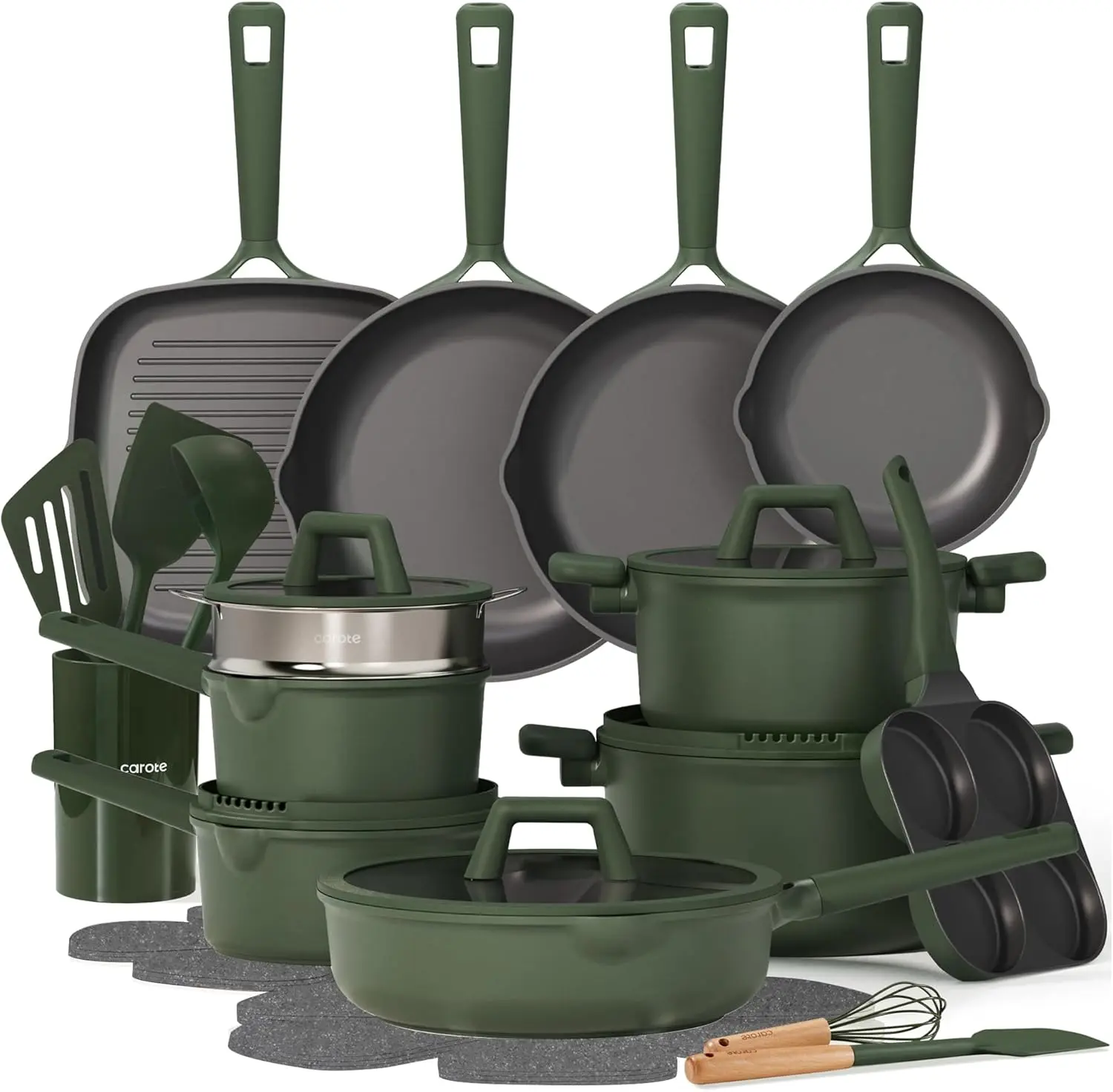 CAROTE 31pcs Pretend Play Nonstick Cookware Set, Kids' Kitchen Toy Kit with Egg Pan, Steamer, Durable Silicone Utensils, Even Heating, All-Stovetop Compatible, Green