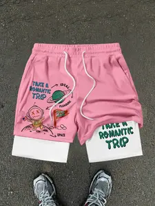 Men's 2-in-1 Liner Space Print Shorts, Pink Astronaut Graphic Quick Dry Workout Shorts with Phone Pocket, Casual Summer Athletic Shorts