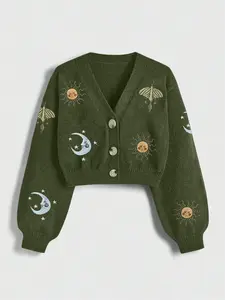Women's Casual Elegant Knit Cardigan Sweater, Comfortable Warm Button Front Embroidered Sun Moon Insect Design, Perfect for Outerwear Commuting Knitwear