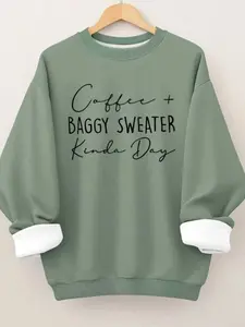 Plus Size Letter Print Women's Crew Neck Long Sleeve Sweatshirt, Casual Graphic Pullover for Fall & Winter, Moderate Fabric, Fitted Style Womenswear