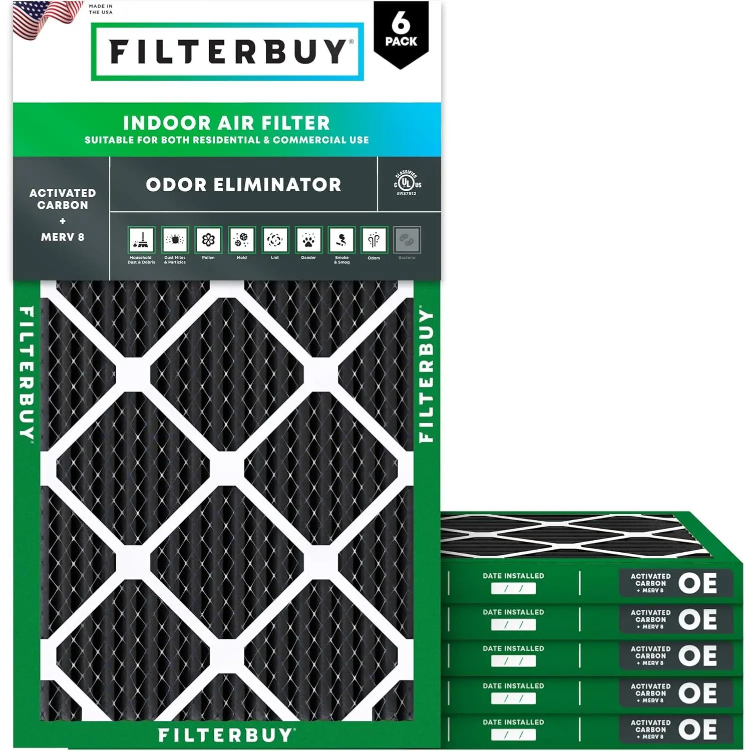 Filterbuy 12x20x1 Durable Replacement HVAC AC Furnace Air Filter (6-Pack), Pleated MERV 8 Odor Eliminator (Actual Size: 11.50x19.50x0.75 In)