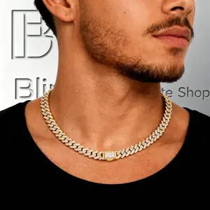 Geometric Diamond-Shaped Cuban Chain Necklace Gold-Tone CZ Ice-Effect Miami-Style Cuban Chain Men's Hip-Hop Rap Fashion Jewelry 8mm Width Water-Resistant and Oxidation-Proof Street Style Chain Birthday, Wedding, Anniversary, and Engagement Gift
