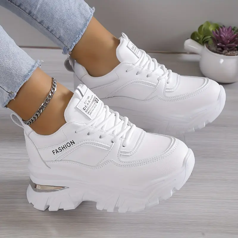 Women's Chunky Trainers, Fashionable Casual Thick Soled Platform Sneakers, Solid Color Polyurethane Low-Top Lace-Up Walking Shoes, Fashionable Casual Sneakers, Trendy Walking Sneaker