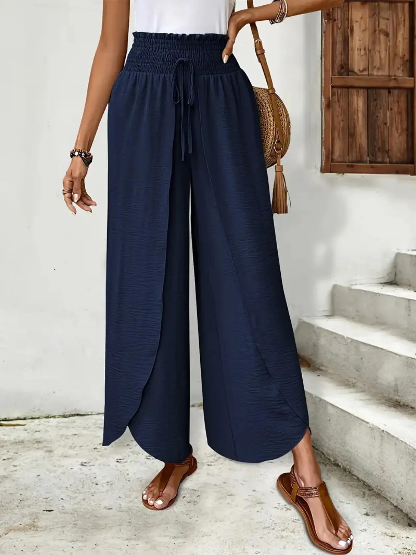 Elegant Wide Leg Long Pants for Women, Drawstring, Adjustable, Fit, Four-Season Versatile Design, Double Layered Split Skirt Pant, Fashionable Ladies' Trousers